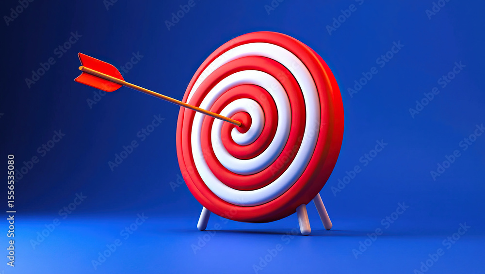 Poster precision targeting a 3d render of a red and white target with an arrow perfectly centered on a blue