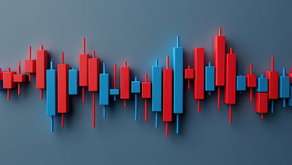 Dynamic Stock Market Analysis A Visual Representation of Fluctuating Trends with Red and Blue Candlestick Charts on a Dark Gray Backdrop for Financial Insights