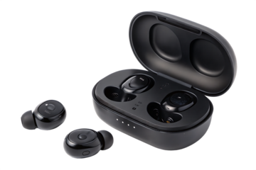 Black wireless earbuds and open charging case with indicator lights isolated on a transparent background 1