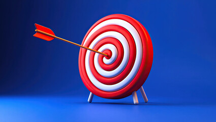 Precision Targeting A 3D Render of a Red and White Target with an Arrow Perfectly Centered on a Blue Background for Strategic Accuracy and Goal Setting
