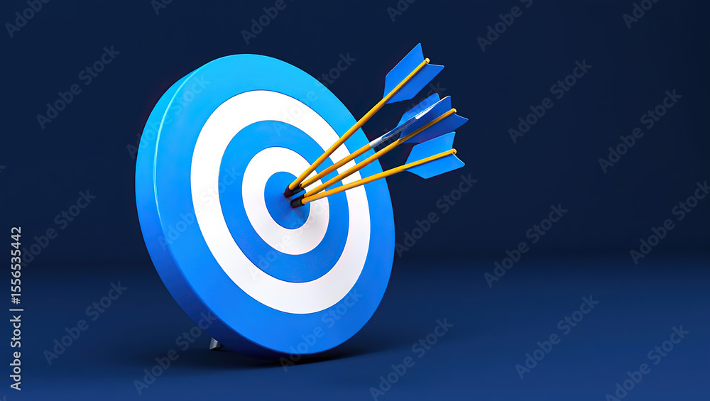 Poster bullseye target with arrows hitting the center representing accuracy precision and success in achiev