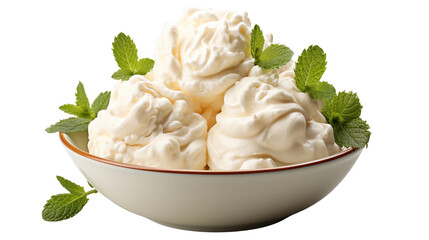 Creamy white dessert with fresh green mint leaves served in a beautiful white bowl for a refreshing treat transparent.