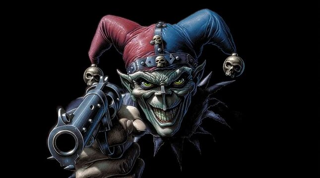Illustration of a menacing skeleton dressed as a jester with a twisted grin generative ai