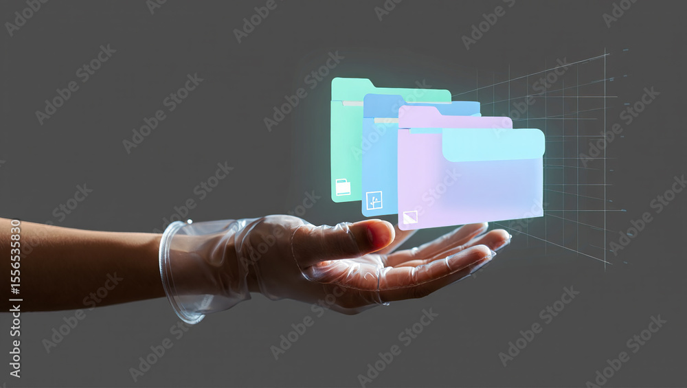 Aufkleber digital data management concept with holographic folders in hand data organization and cloud storage