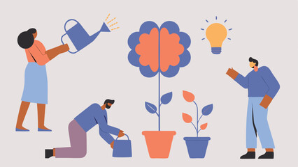 Colleagues Watering A Brain Shaped Plant Growing T