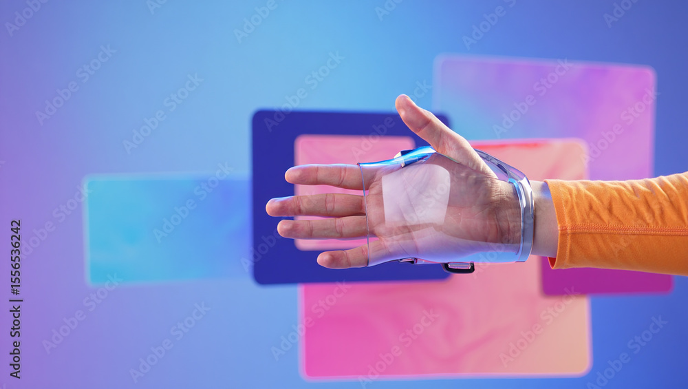 Poster futuristic hand interface with transparent glove navigating holographic displays for advanced techno