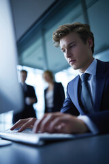 Professional young man working at computer in modern office during business hours