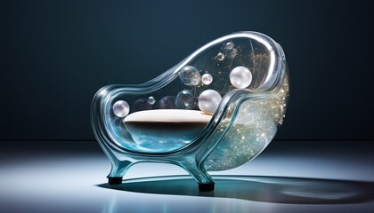 a transparent chair with integrated bubbles and spheres is shown