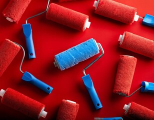 blue paint roller standing out from the crowd of red paint rollers on red background