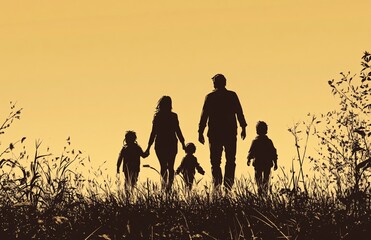 Silhouette of a family with parents and children walking together in a field at sunset, symbolizing unity, love, and togetherness.