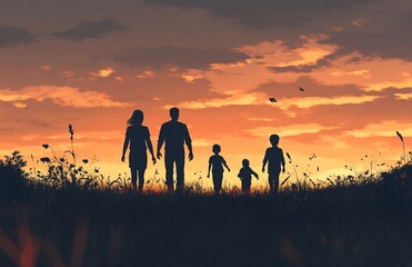Silhouette of a family with parents and children walking together in a field at sunset, symbolizing unity, love, and togetherness.