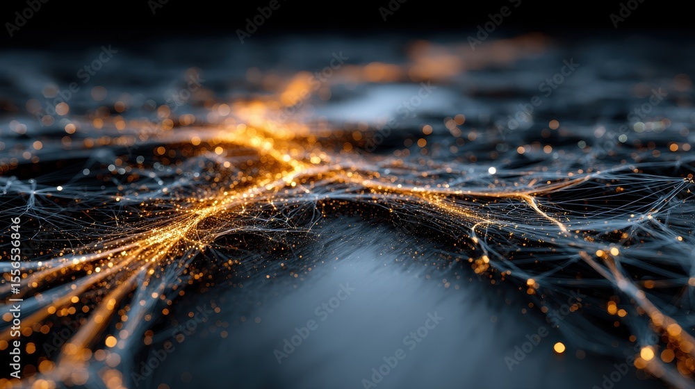 Poster Abstract network of interconnected glowing lines and dots resembling data streams and neural pathways in dark space