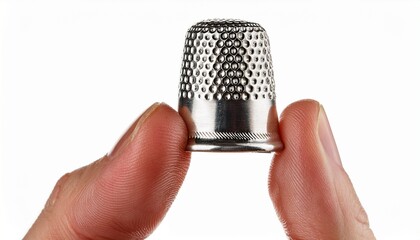 metal thimble held between two fingers isolated on white background