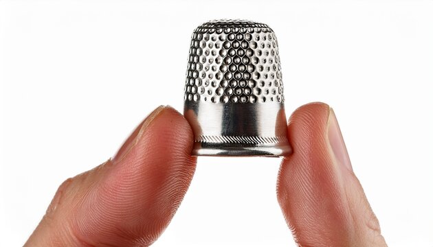 metal thimble held between two fingers isolated on white background