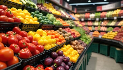 Colorful fruits and vegetables on display in produce section of supermarket. Fresh lemons tomatoes apples grapes paprika and other groceries. Healthy food choices, organic products for sale.