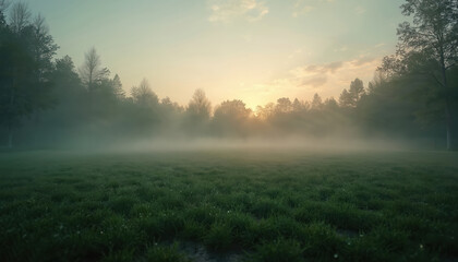 Fototapeta premium Tranquil dawn shot of baseball field with glistening dew on grass. Mist rises from outfield, creating serene atmosphere. Peaceful nature scene at sunrise with sky, sun, clouds, trees, landscape.