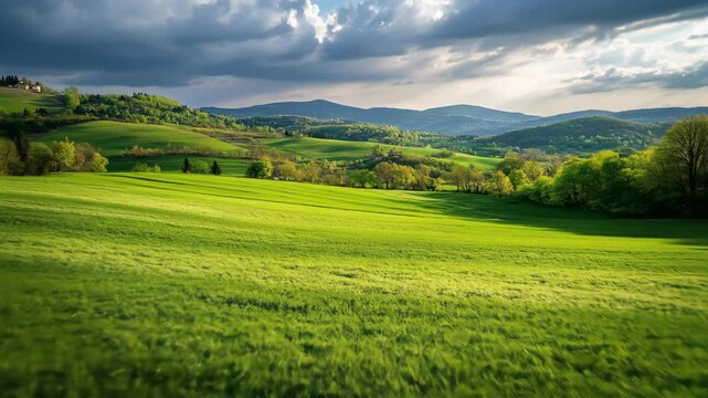 Scenic countryside with farmland and rolling green hills landscape
