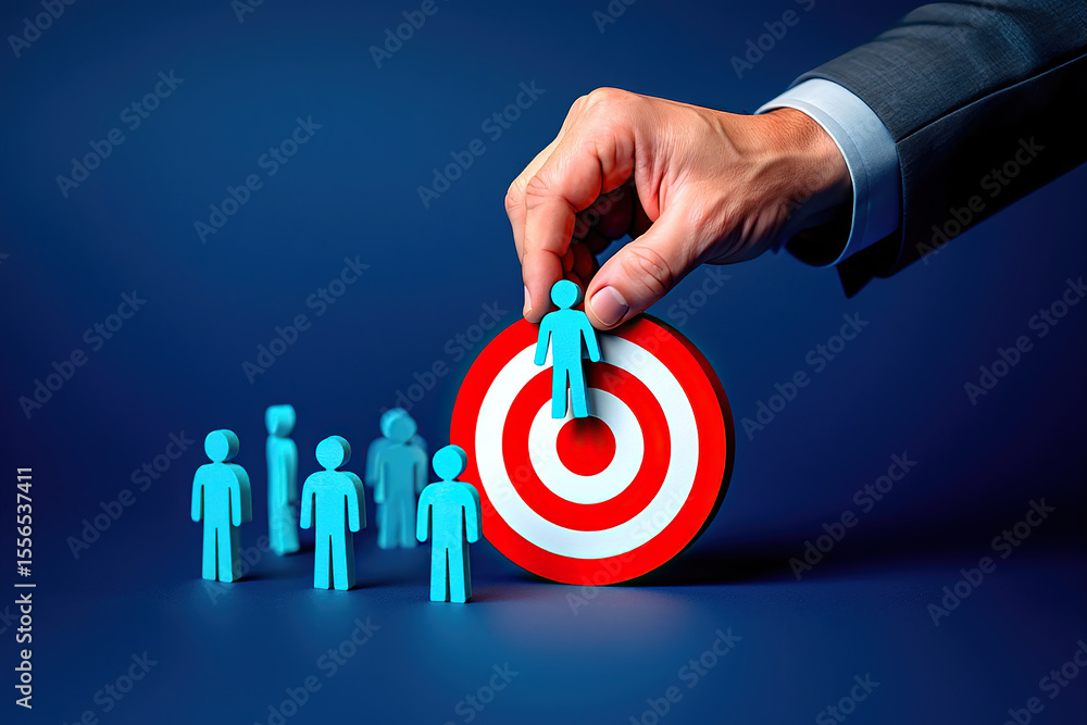 Poster strategic target selection a hand placing a figure on a bullseye with team members in the background