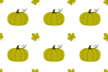 Pattern of green pumpkins with fall elements on white, great for autumn designs and seasonal packaging