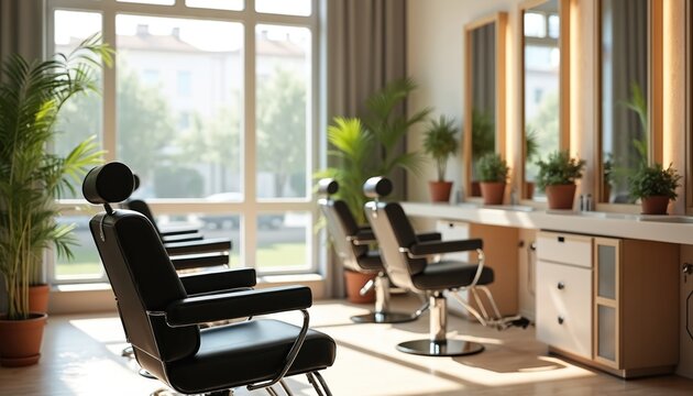 Modern hair salon interior with stylish black chairs large windows, plants. Light, bright space with contemporary clean minimalist elegant design. Professional, comfortable, relaxing luxury upscale