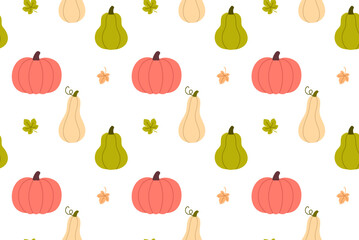 Decorative pattern with assorted gourds and pumpkins in various shapes and colors, perfect for seasonal themes