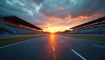 Fototapeta premium Evening scene asphalt race track at sunset. Empty grandstands, motion blur speedway road with start finish line. Motorsport racing championship event background, nobody on track.