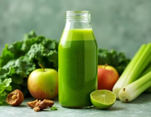 Healthy green smoothie in bottle, surrounded by fresh fruits and vegetables. 