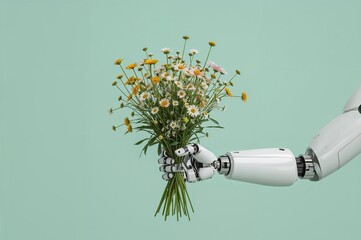 Robotic Arm Gently Holding a Bouquet of Wildflowers