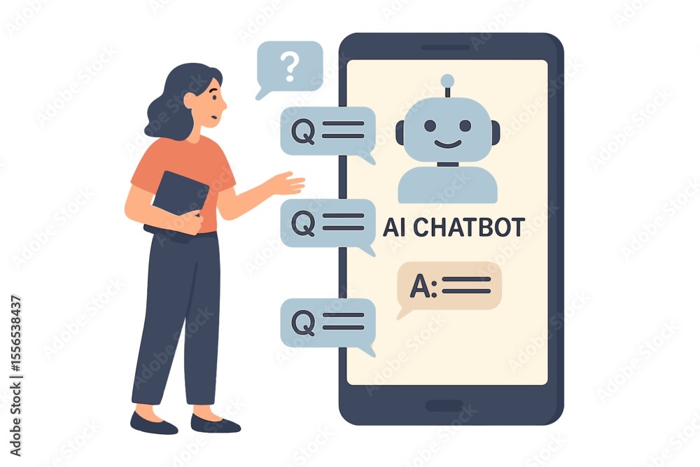 Poster a woman engages in conversation with a chatbot, inquiring about various topics and obtaining respons