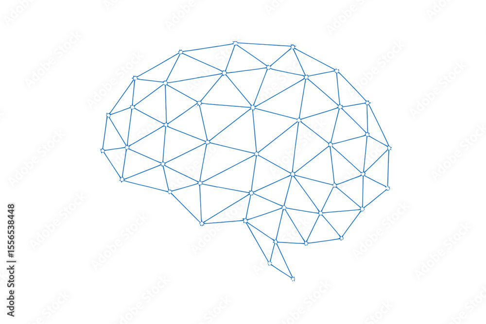 Poster a vector abstract of a human brain made from polygonal shapes and lines, set against a dark blue bac
