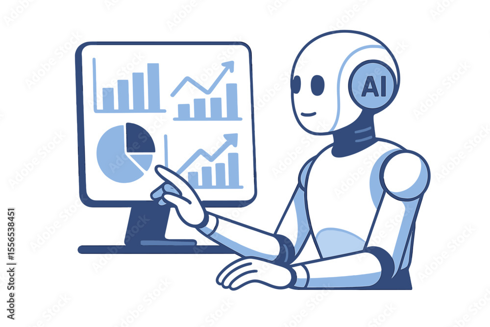 Aufkleber a robot character, referred to as an ai worker, is depicted working with financial software that inc