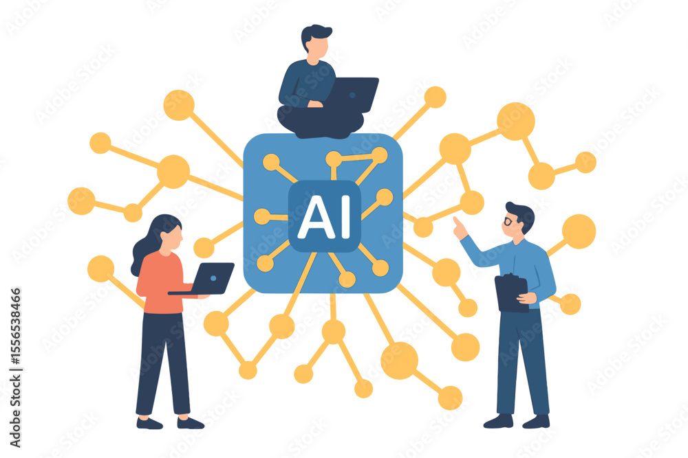 Poster developers of ai network machine learning are depicted in a concept vector illustration as flat tiny