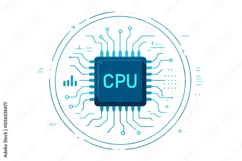 Poster a digital chip incorporating hud elements, representing a futuristic microchip processor, is depicte