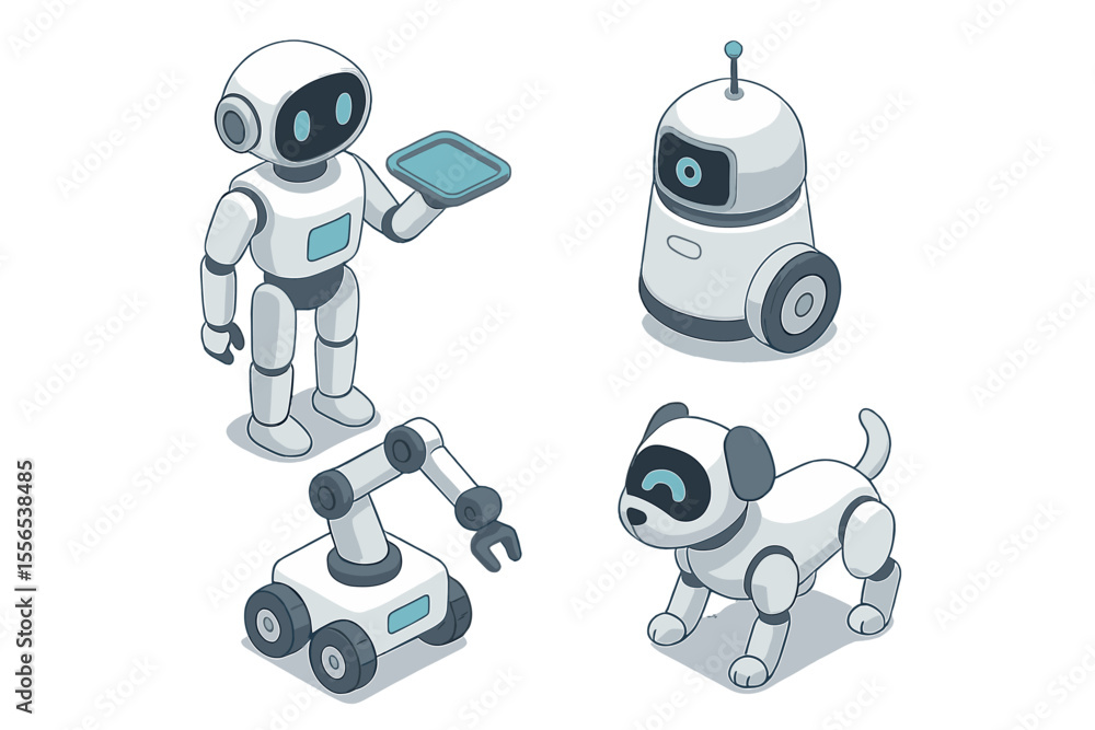 Fototapete Isometric robotic creations, including a home assistant security robot pet, are showcased in a futuristic 3D setting with  vector illustrations of robot intelligence for assistants and