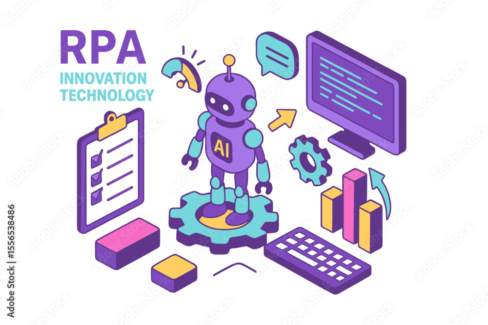 Poster rpa is represented by an isometric concept in trendy colors, symbolizing innovation technology and i