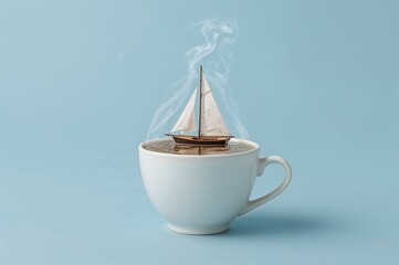 Mini Sailboat Floating Inside a Steaming Coffee Cup