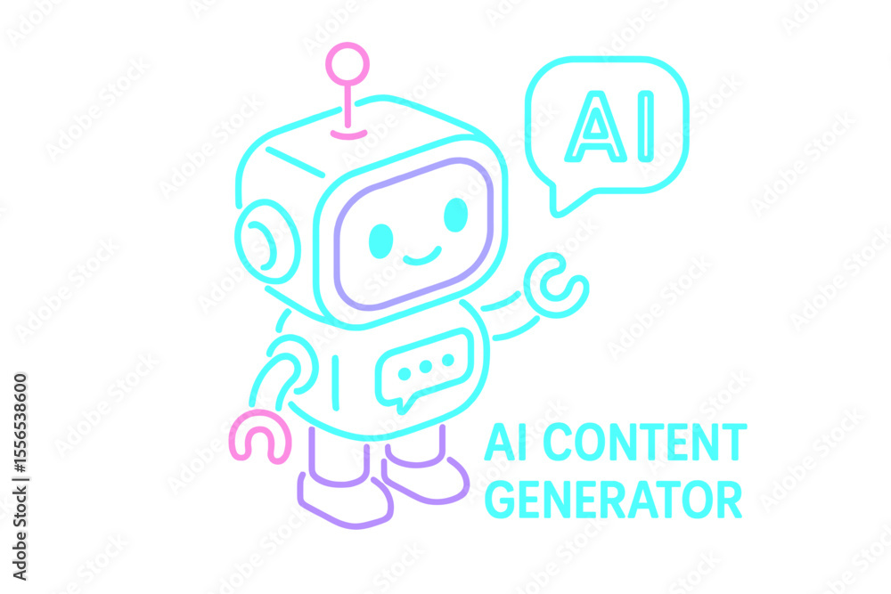 Poster a charming isometric cartoon robot representing ai content generation and chatbot technology, rooted