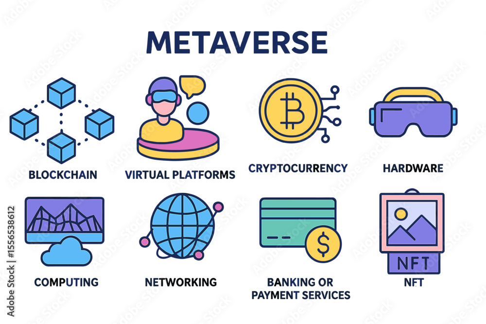 Aufkleber a metaverse vector icon set is presented in a banner format, incorporating concepts such as blockcha