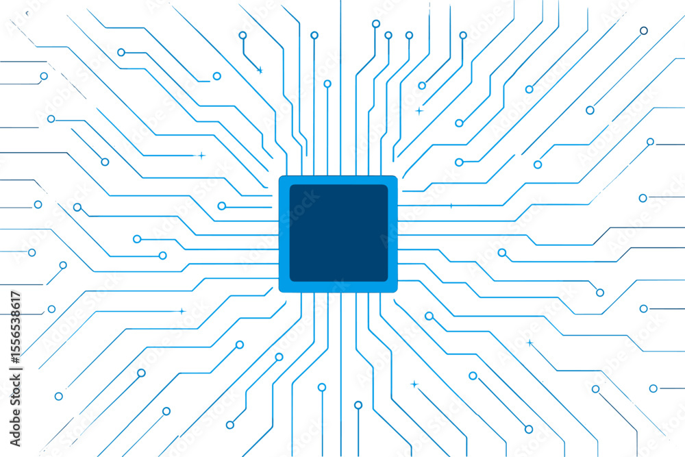 Poster a technology blue background features circuit connected lines, a circuit board, and an ai tech bg wi