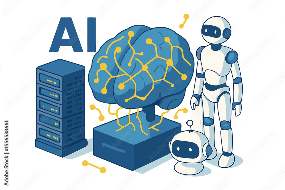 Poster d . digital brain neural network, ai servers and robots technology, artificial bot mind. online’ bec