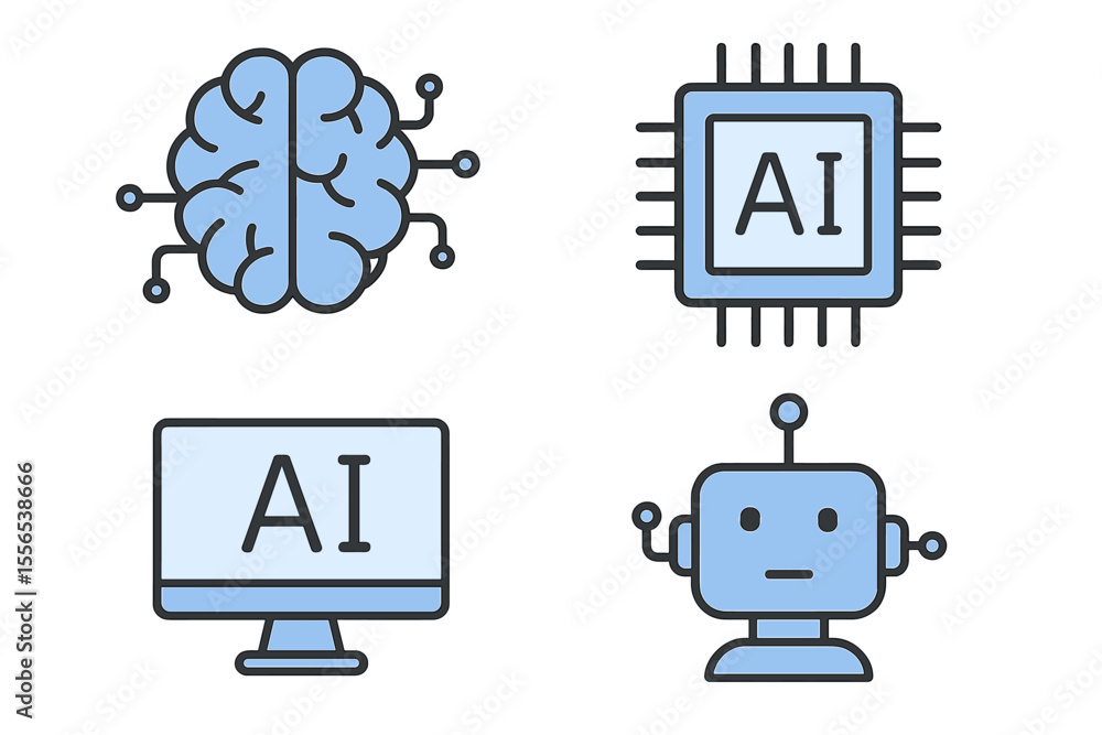 Poster collection of icons representing ai technology symbols suitable for application web logos, banners, 