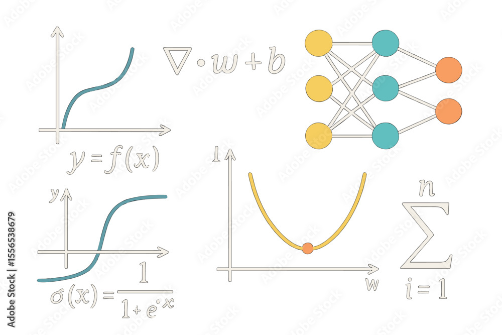 Poster collection of mathematically and neurally inspired diagrams and charts set against a dark backdrop