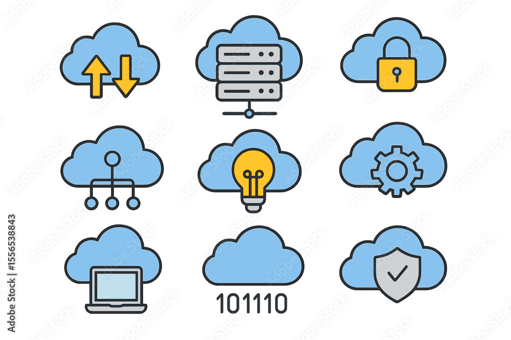 Poster a collection of outline icons is available, featuring line icons related to cloud computing, cloud s