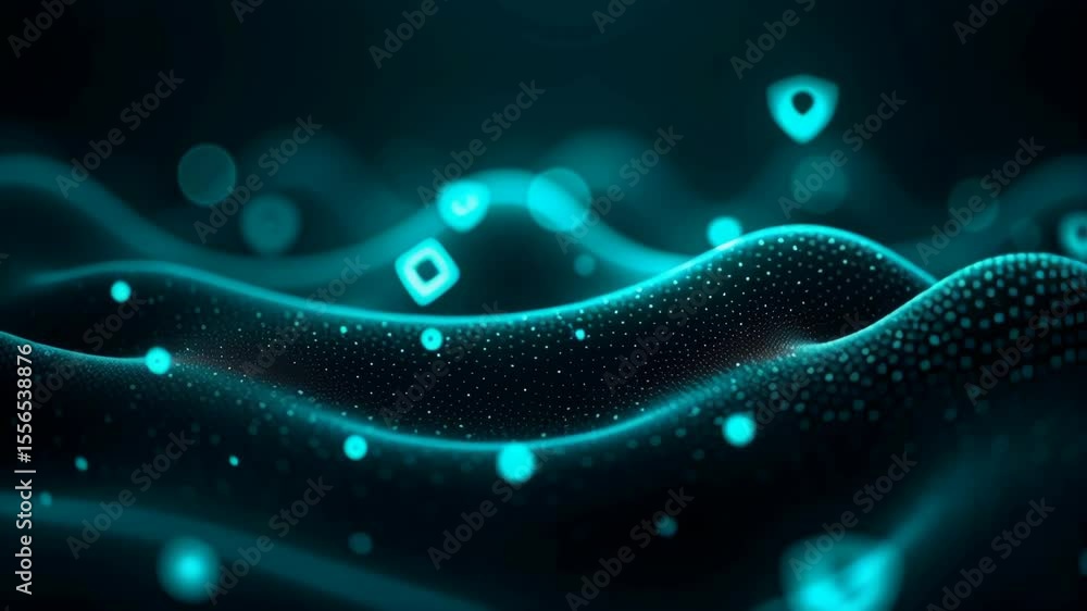 Poster futuristic glowing digital wave with data particles in abstract blue landscape, symbolizing artifici