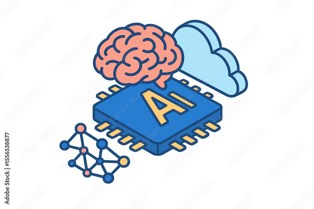 Poster the concept of icon ai, chip brain, quantum computing, cpu, isometric cloud computing, data mining, 