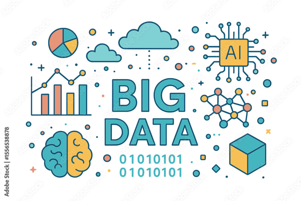 Poster the background of big data incorporates technology for visualization, , deep learning, and quantum c