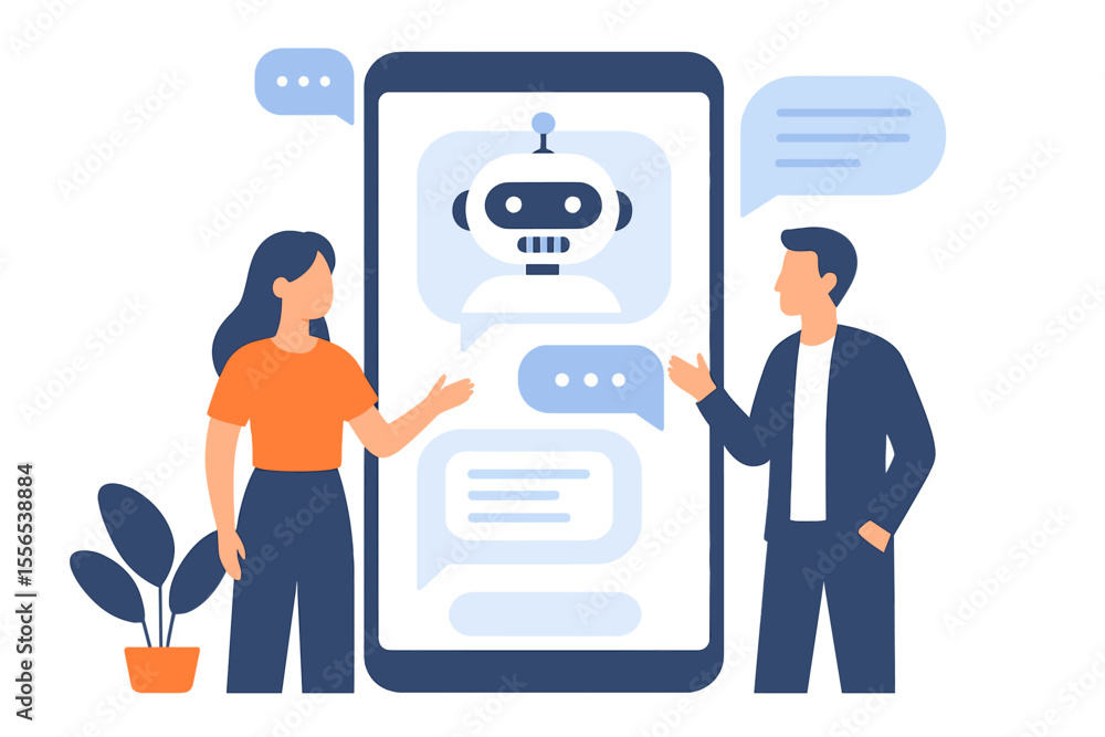 Poster the concept of chatbot ai and customer service is depicted as people interacting with a chat bot on 