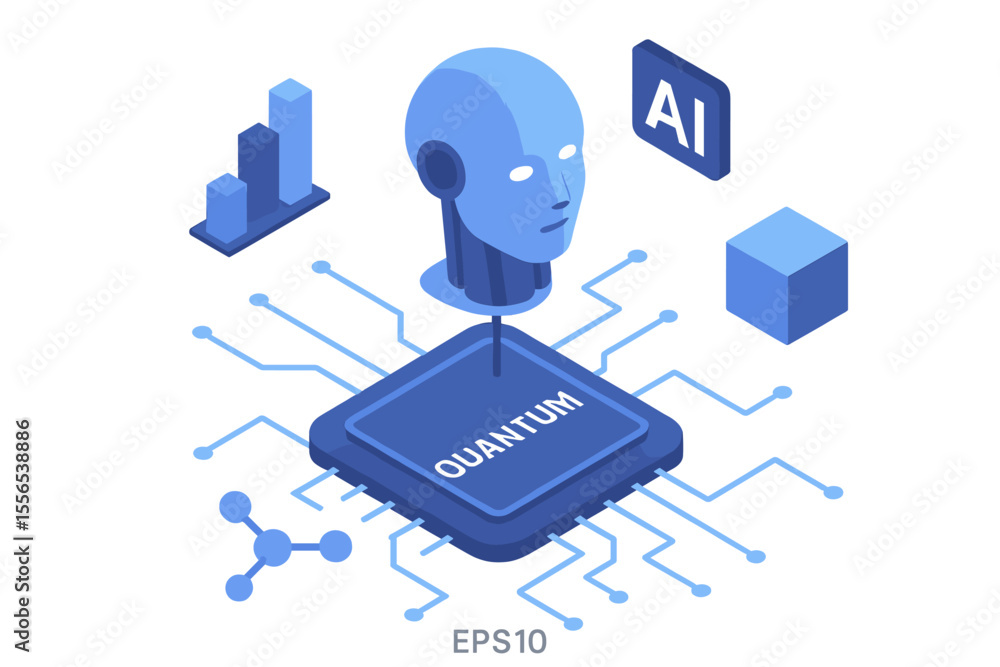 Poster isometric concept of a and robotic quantum computing processor for innovations in business technolog