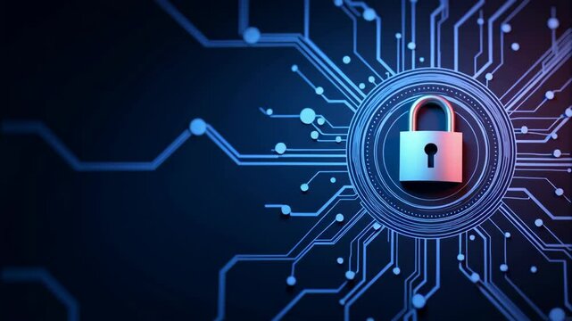Cybersecurity lock icon in the center of a glowing digital circuit board, symbolizing data protection, secure network, online privacy, and modern information security technologies