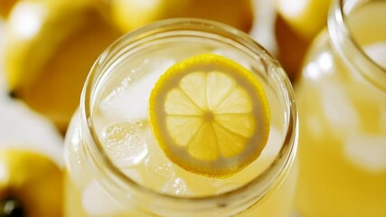 Refreshing Lemonade: A Close-Up View of a Citrus Drink with Ice and Lemon Slice - Powered by Adobe